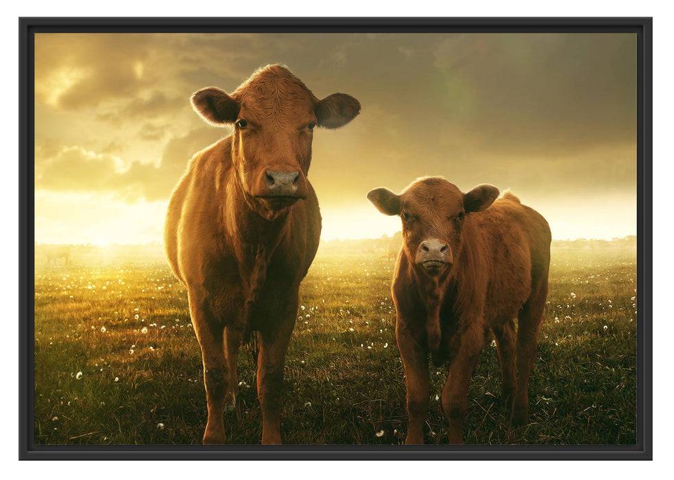 Pixxprint Kuh und Kalb im Sonnenuntergang auf Wiese, im Schwebe-Effekt Bilderrahmen Kostenloser Versand international