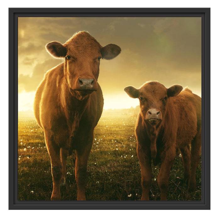 Pixxprint Kuh und Kalb im Sonnenuntergang auf Wiese, im Schwebe-Effekt Bilderrahmen Kostenloser Versand international