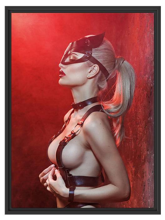 Pixxprint Sexy Blondine in Leder im Rotlicht, im Schwebe-Effekt Bilderrahmen Speichern exportieren