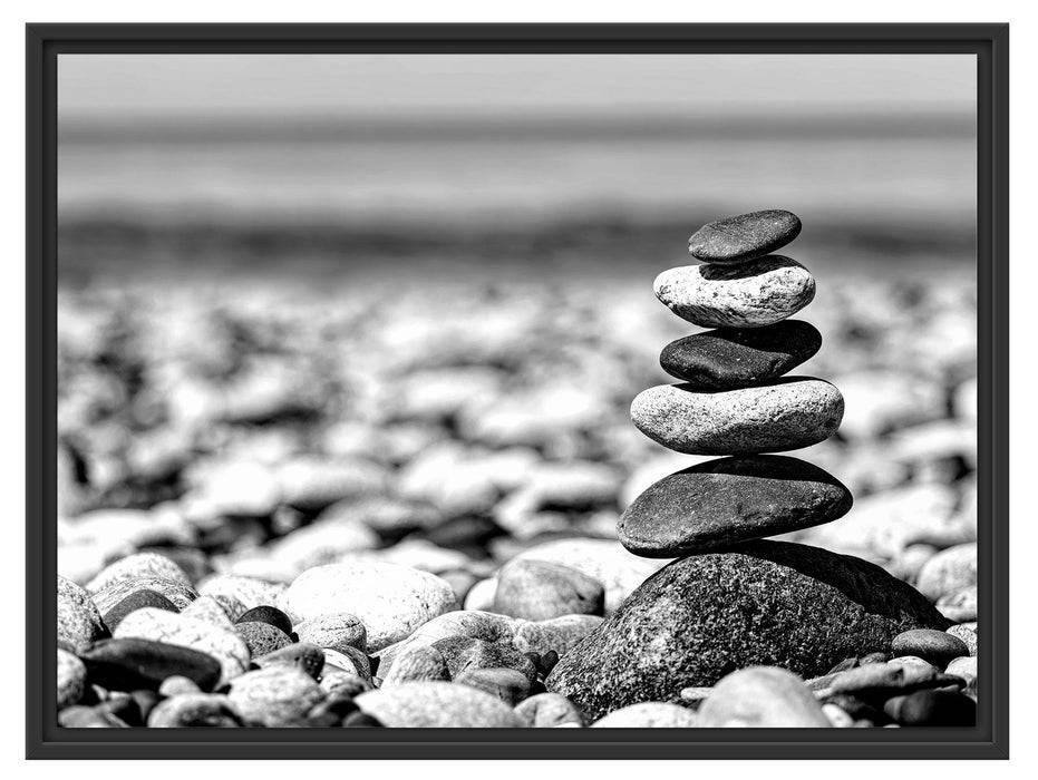 Pixxprint Steinpyramide am Kiesstrand, Monochrome, im Schwebe-Effekt Bilderrahmen Exklusivangebot