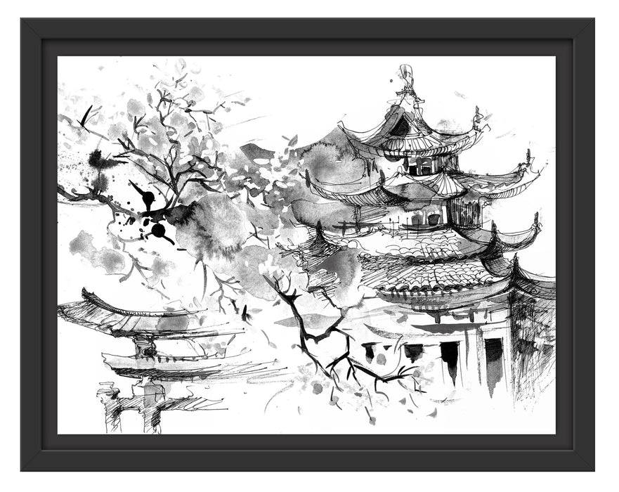 Pixxprint Japanischer Tempel Wasserfarben, Monochrome, im Schwebe-Effekt Bilderrahmen