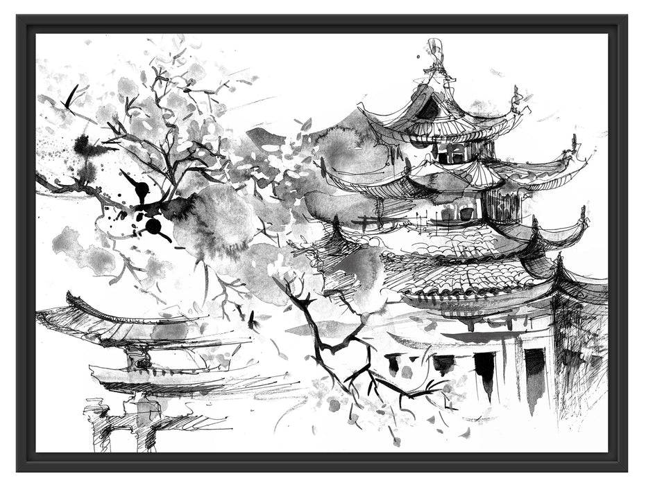 Pixxprint Japanischer Tempel Wasserfarben, Monochrome, im Schwebe-Effekt Bilderrahmen Osterangebot