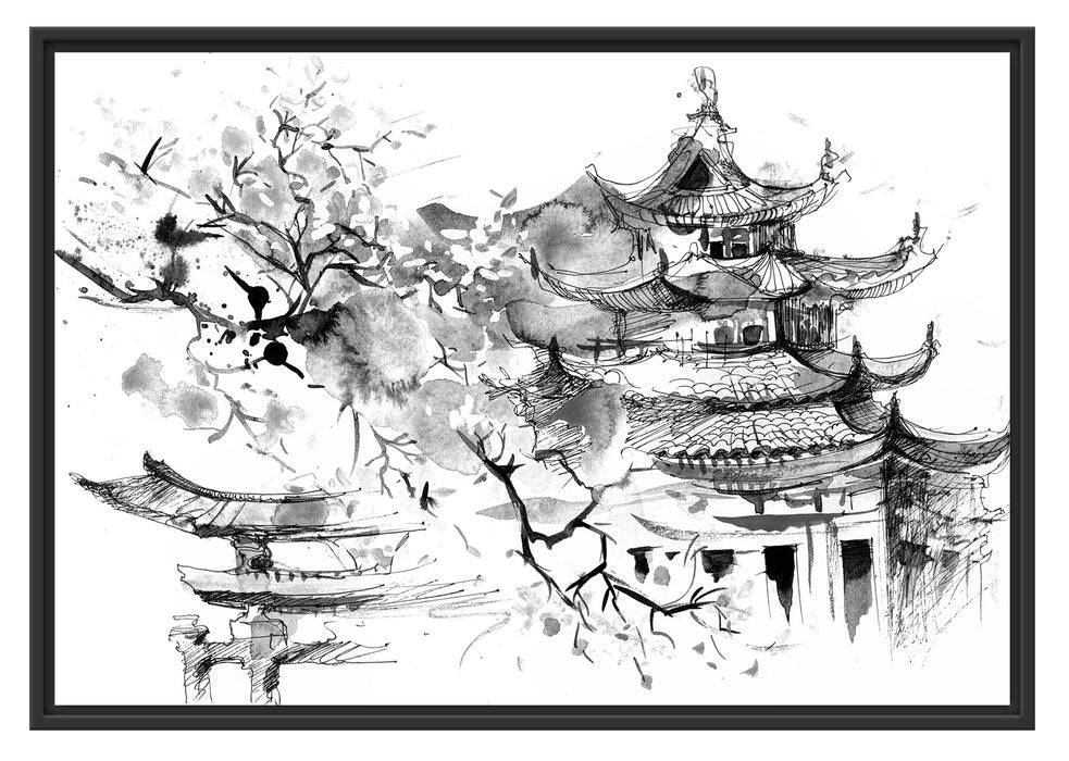 Pixxprint Japanischer Tempel Wasserfarben, Monochrome, im Schwebe-Effekt Bilderrahmen Osterangebot