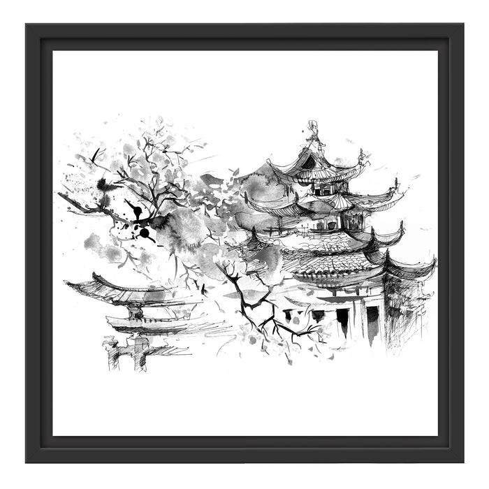 Pixxprint Japanischer Tempel Wasserfarben, Monochrome, im Schwebe-Effekt Bilderrahmen Osterangebot