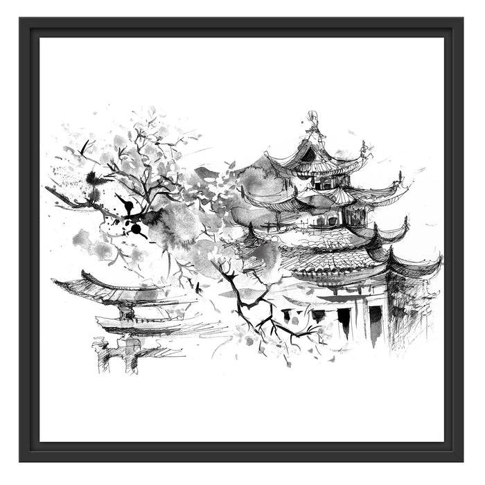 Pixxprint Japanischer Tempel Wasserfarben, Monochrome, im Schwebe-Effekt Bilderrahmen Osterangebot