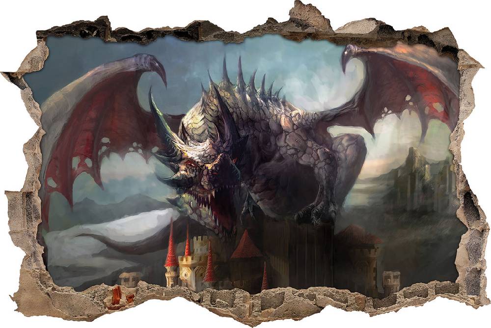 Pixxprint der Drache auf der Festung, 3D Wandtattoo