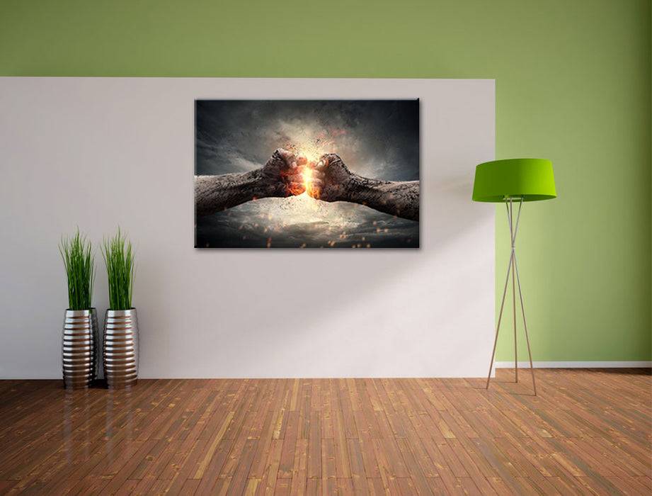 Pixxprint Fäuste treffen sich mit Energie, Leinwandbild Super Sparpreis