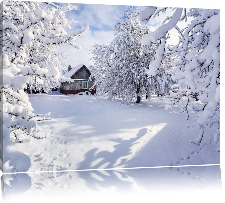 Pixxprint Winterlandschaft mit Hütte, Leinwandbild