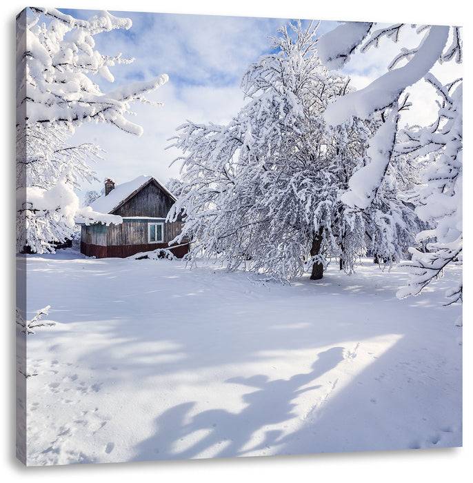 Pixxprint Winterlandschaft mit Hütte, Leinwandbild Black Friday Preise