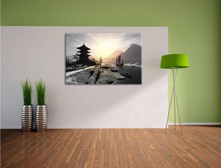 Pixxprint asiatischer Tempel an Fluss B&W, Leinwandbild Verkauf