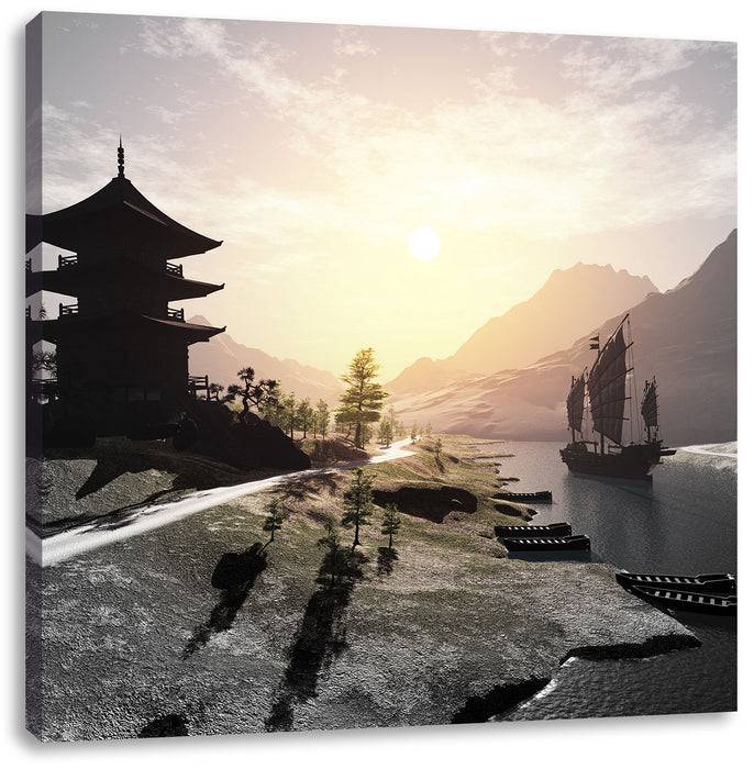 Pixxprint asiatischer Tempel an Fluss B&W, Leinwandbild Verkauf