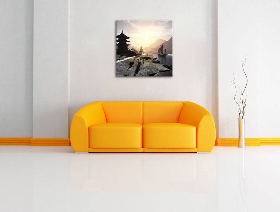 Pixxprint asiatischer Tempel an Fluss B&W, Leinwandbild Verkauf