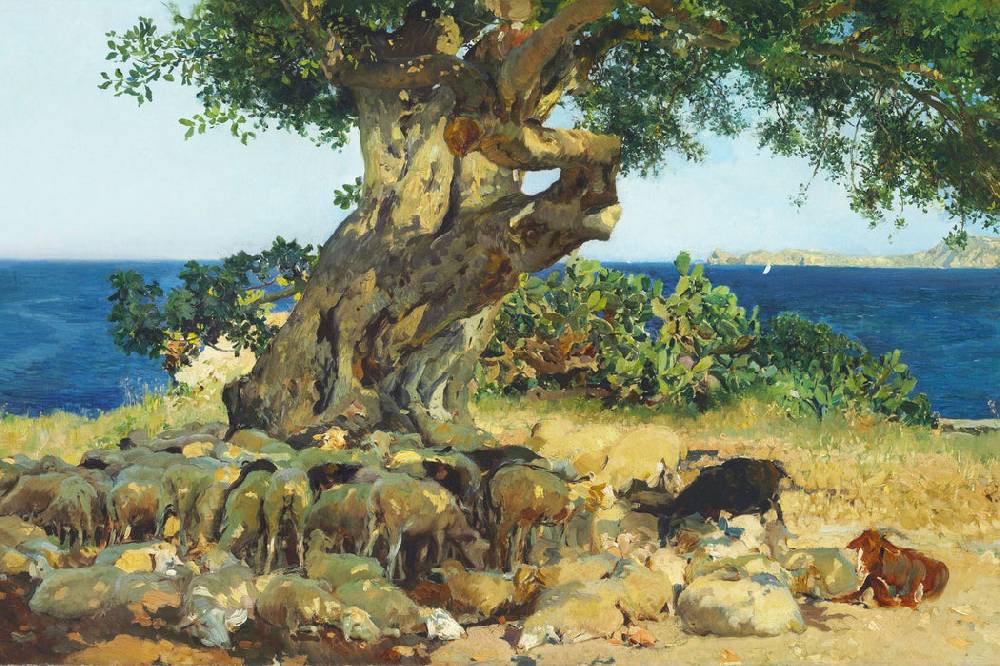 Pixxprint Joaquín Sorolla - Johannisbrotbaum Algarrobo, Glasbild Muttertagsangebot