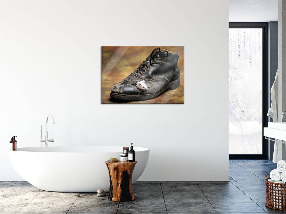 Pixxprint Maus in schwarzem Schuh, Glasbild Nur für heute