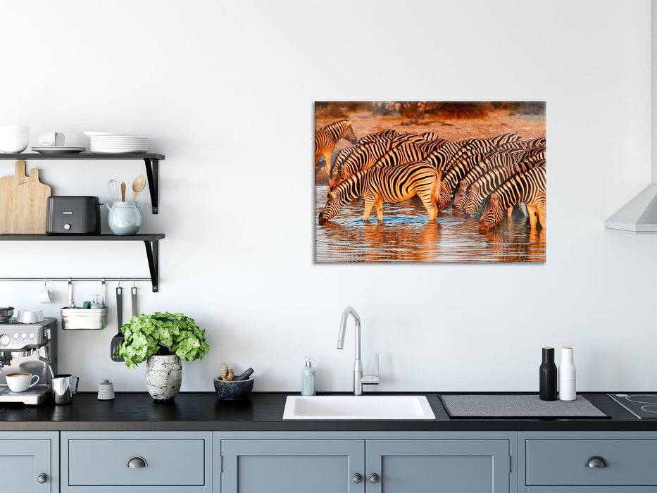 Pixxprint Zebraherde an Wasserloch, Glasbild Fabrikladen