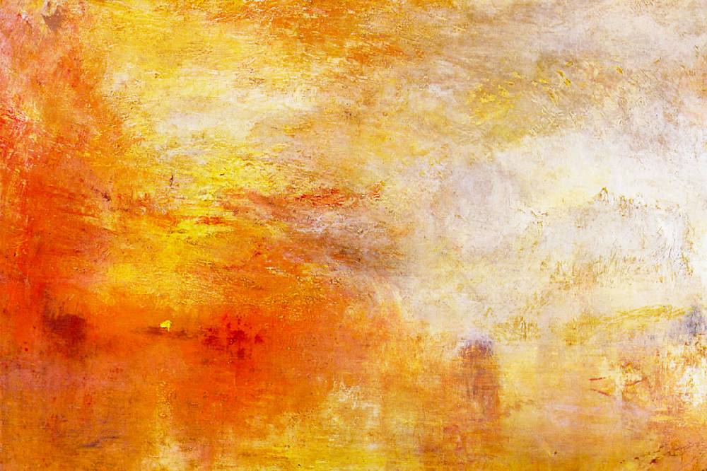 Pixxprint William Turner - Sun Setting over a Lake , Glasbild Im Verkauf
