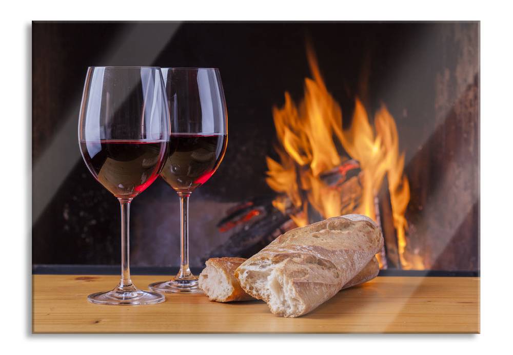 Pixxprint Zwei Gläser Wein mit Baguette, Glasbild Rabatt