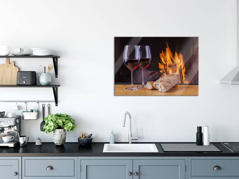 Pixxprint Zwei Gläser Wein mit Baguette, Glasbild Rabatt