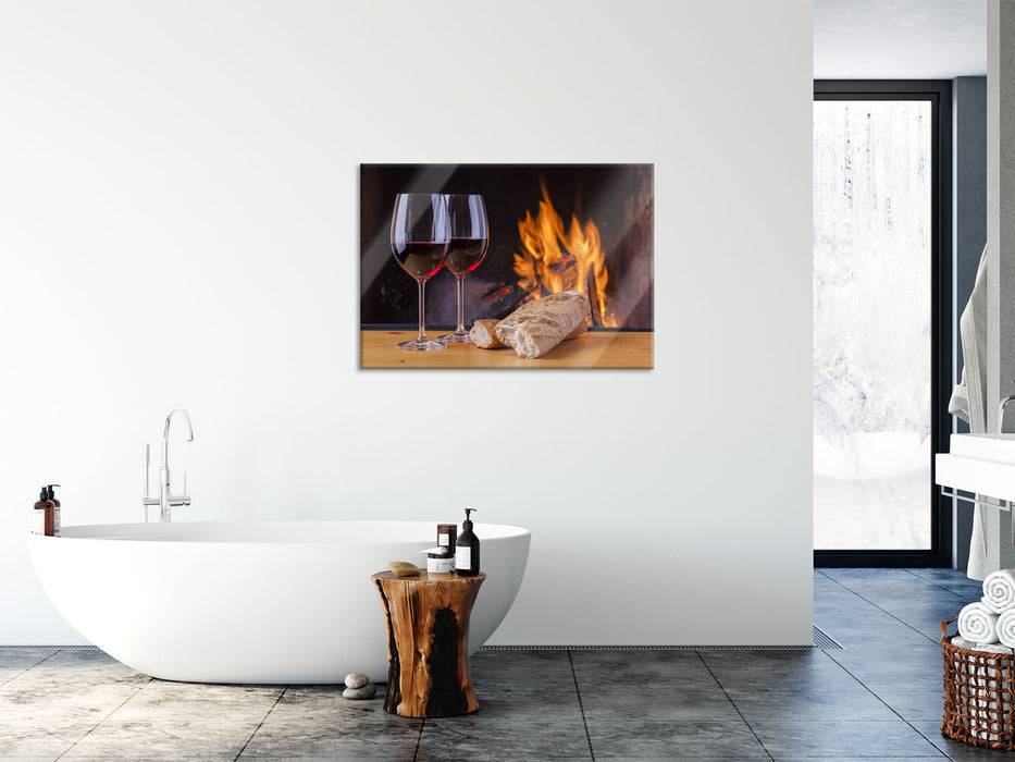 Pixxprint Zwei Gläser Wein mit Baguette, Glasbild Rabatt