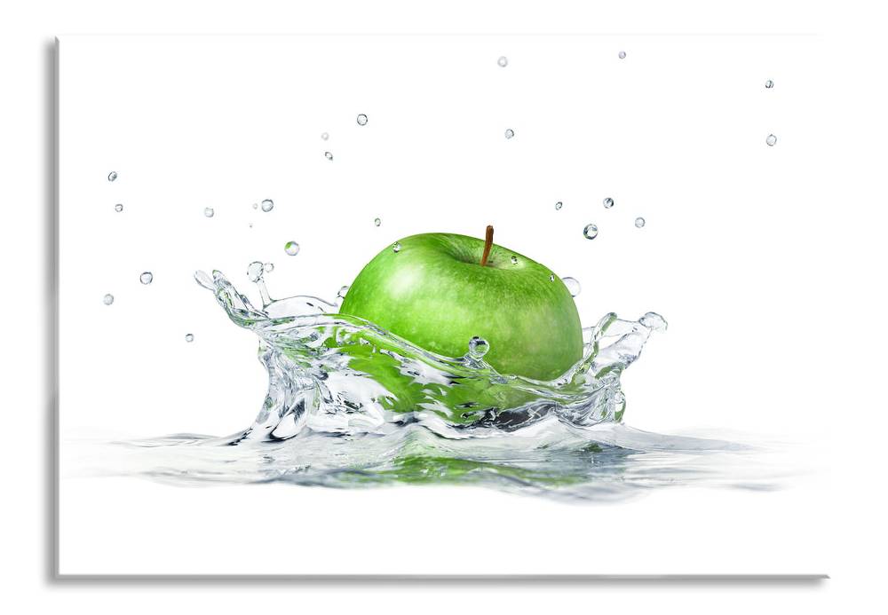 Pixxprint Grüner Apfel fällt in Wasser, Glasbild