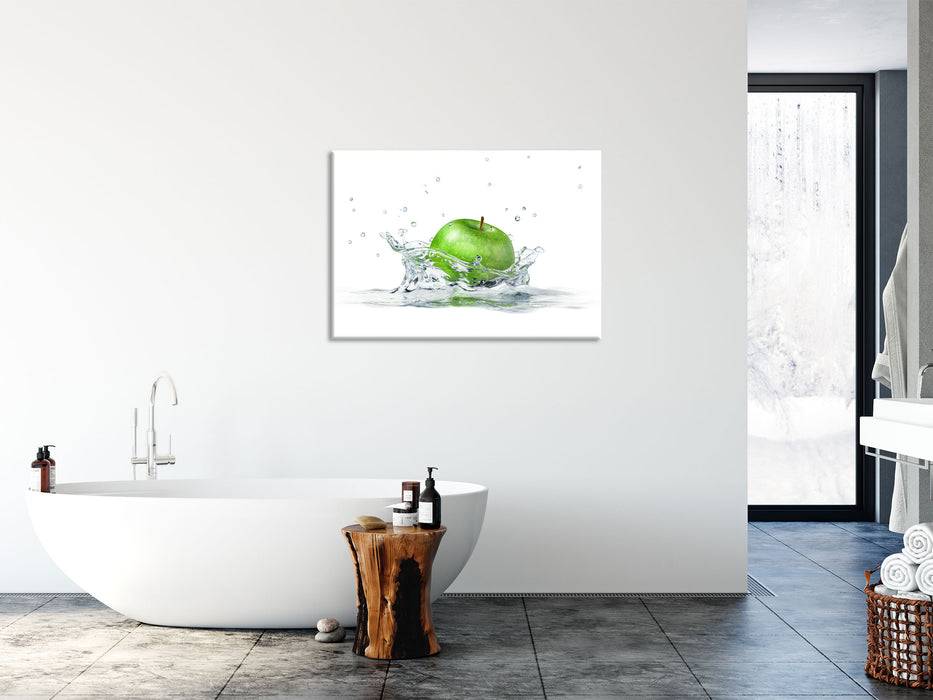 Pixxprint Grüner Apfel fällt in Wasser, Glasbild Vatertagsangebot