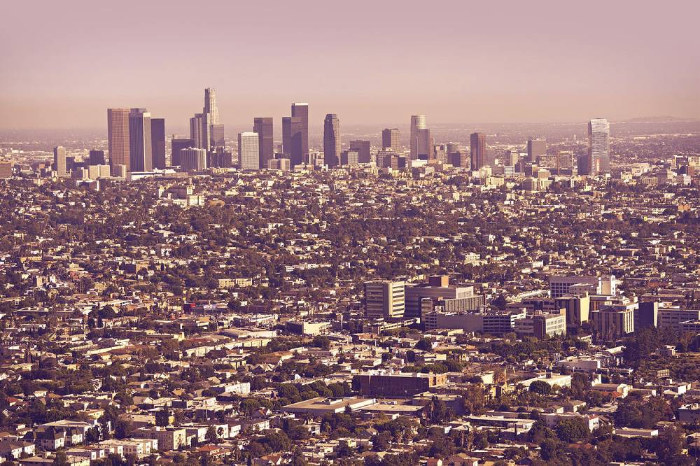Pixxprint Skyline von Los Angeles, Glasbild Valentinstagsangebot