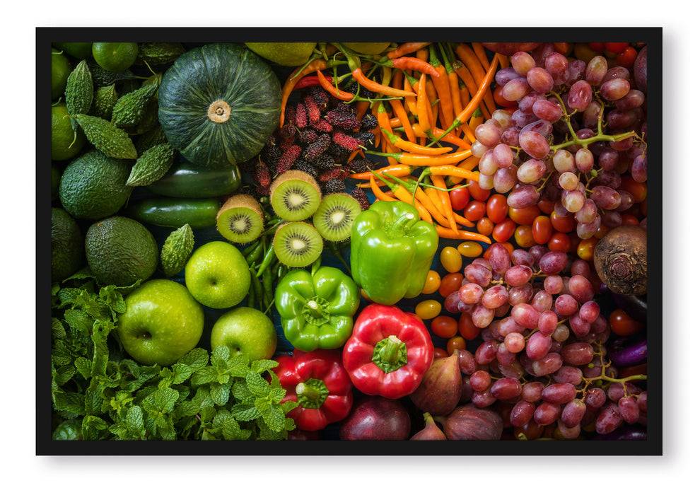 Pixxprint Verschiedene bunte Früchte von oben, Poster mit Bilderrahmen