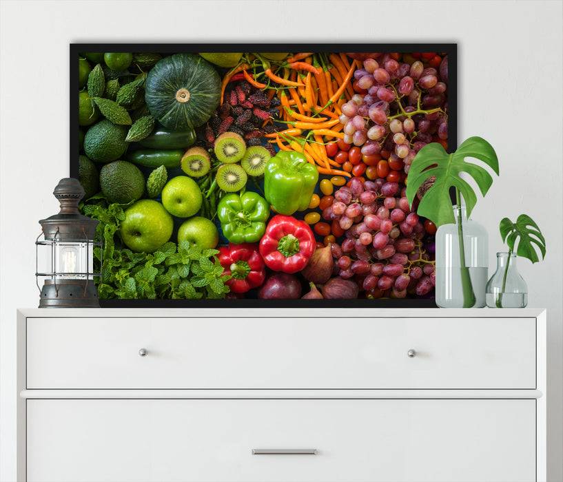 Pixxprint Verschiedene bunte Früchte von oben, Poster mit Bilderrahmen Exklusive Angebote