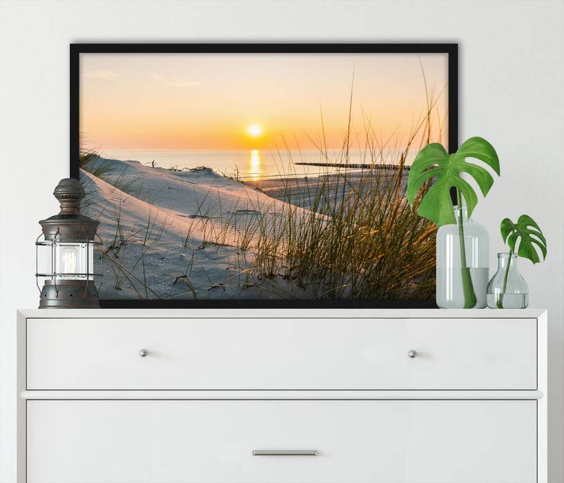 Pixxprint Dünenblick auf Meer bei Sonnenuntergang, Poster mit Bilderrahmen Neuheiten