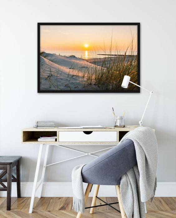 Pixxprint Dünenblick auf Meer bei Sonnenuntergang, Poster mit Bilderrahmen Neuheiten