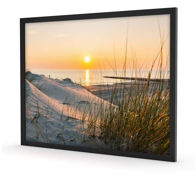 Pixxprint Dünenblick auf Meer bei Sonnenuntergang, Poster mit Bilderrahmen Neuheiten