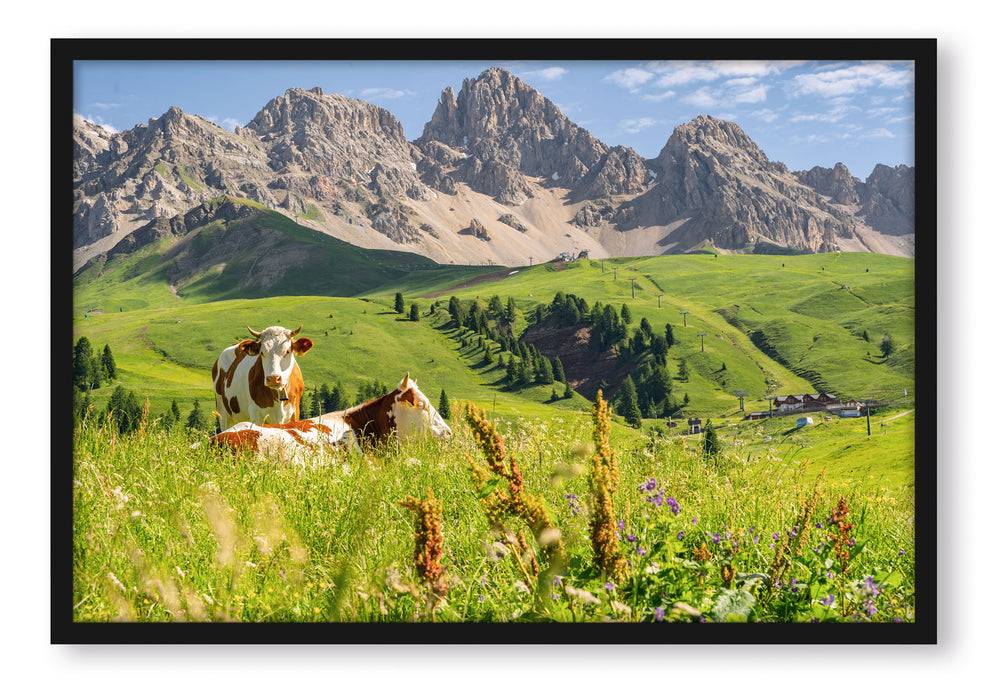 Pixxprint Alpenszene mit Kühen auf grüner Wiese, Poster mit Bilderrahmen