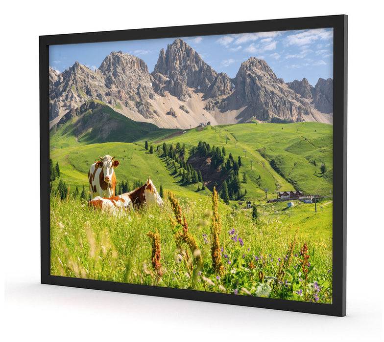 Pixxprint Alpenszene mit Kühen auf grüner Wiese, Poster mit Bilderrahmen Kauf eins, bekomm eins gratis