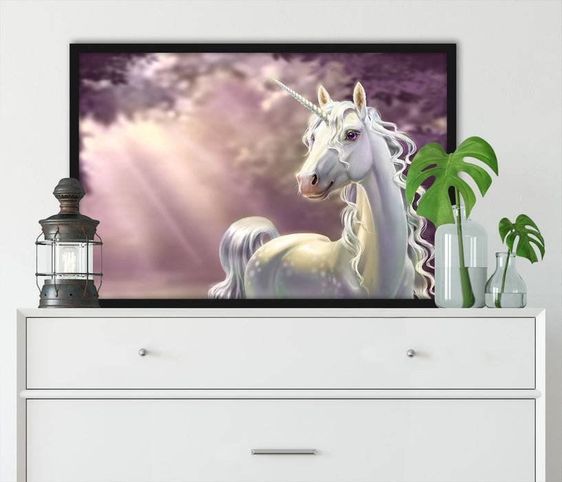 Pixxprint Magisches Einhorn im Zauberwald, Poster mit Bilderrahmen Sonderangebote