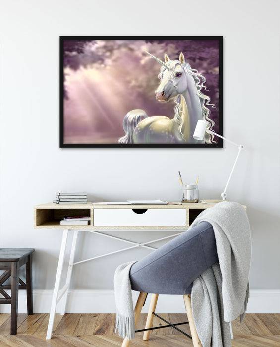 Pixxprint Magisches Einhorn im Zauberwald, Poster mit Bilderrahmen Sonderangebote