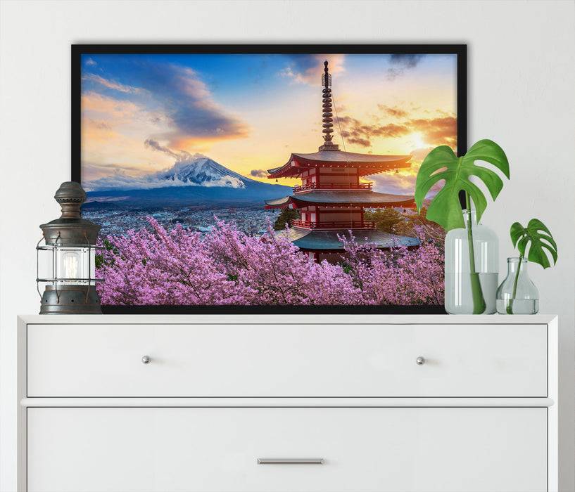 Pixxprint Japanischer Tempel zwischen Kirschblüten, Poster mit Bilderrahmen VIP-Rabatte