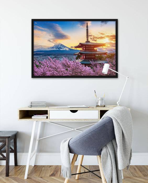 Pixxprint Japanischer Tempel zwischen Kirschblüten, Poster mit Bilderrahmen VIP-Rabatte
