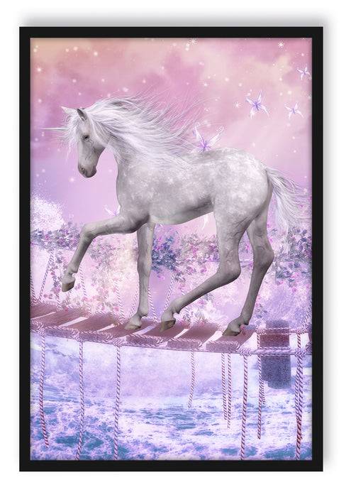 Pixxprint Einhorn läuft über Hängebrücke, Poster mit Bilderrahmen