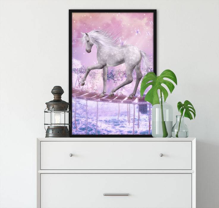 Pixxprint Einhorn läuft über Hängebrücke, Poster mit Bilderrahmen Super Sparpreis