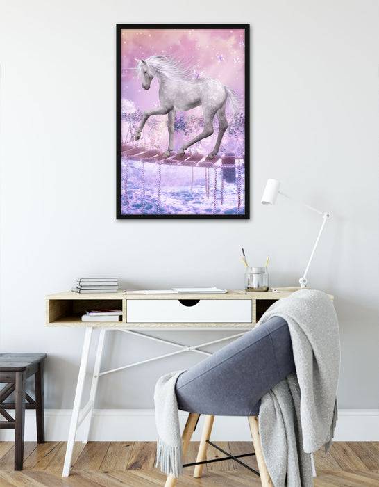 Pixxprint Einhorn läuft über Hängebrücke, Poster mit Bilderrahmen Super Sparpreis