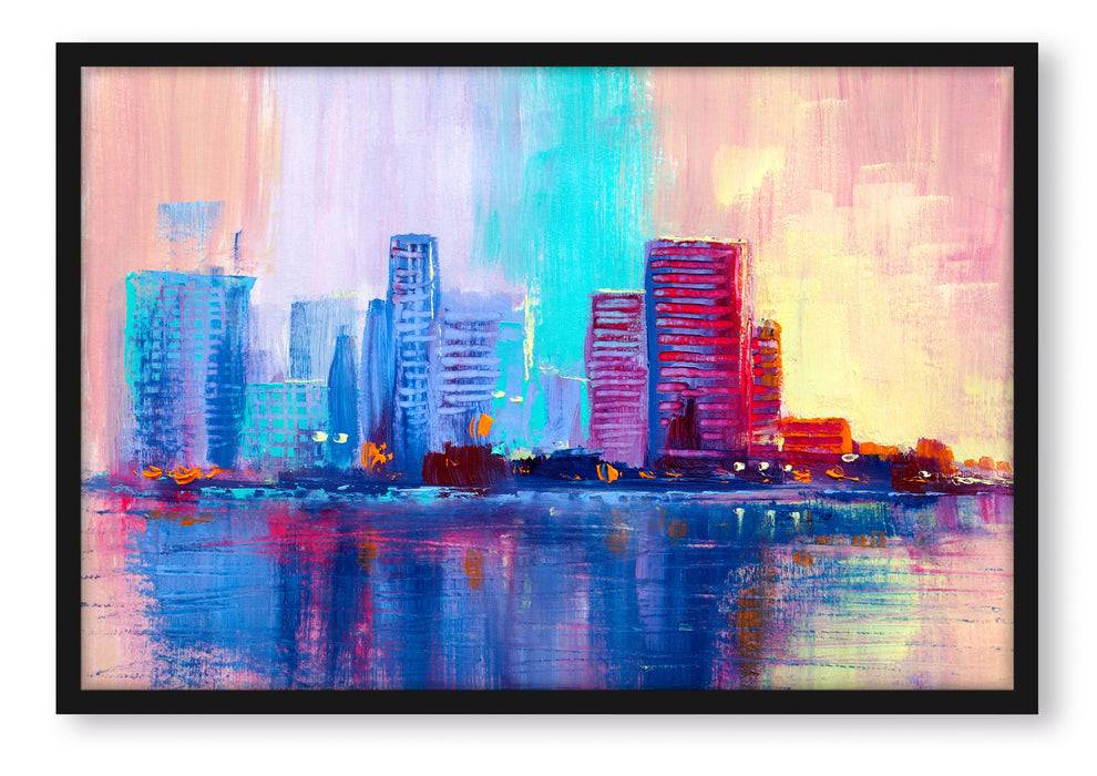 Pixxprint Abstraktes Ölgemälde einer Skyline, Poster mit Bilderrahmen