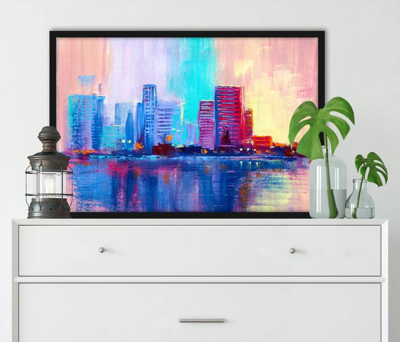 Pixxprint Abstraktes Ölgemälde einer Skyline, Poster mit Bilderrahmen Begrenzte Freigabe