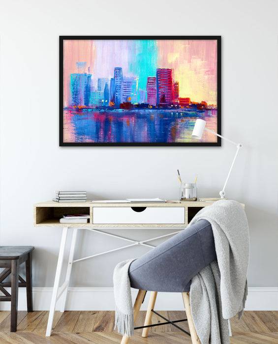 Pixxprint Abstraktes Ölgemälde einer Skyline, Poster mit Bilderrahmen Begrenzte Freigabe