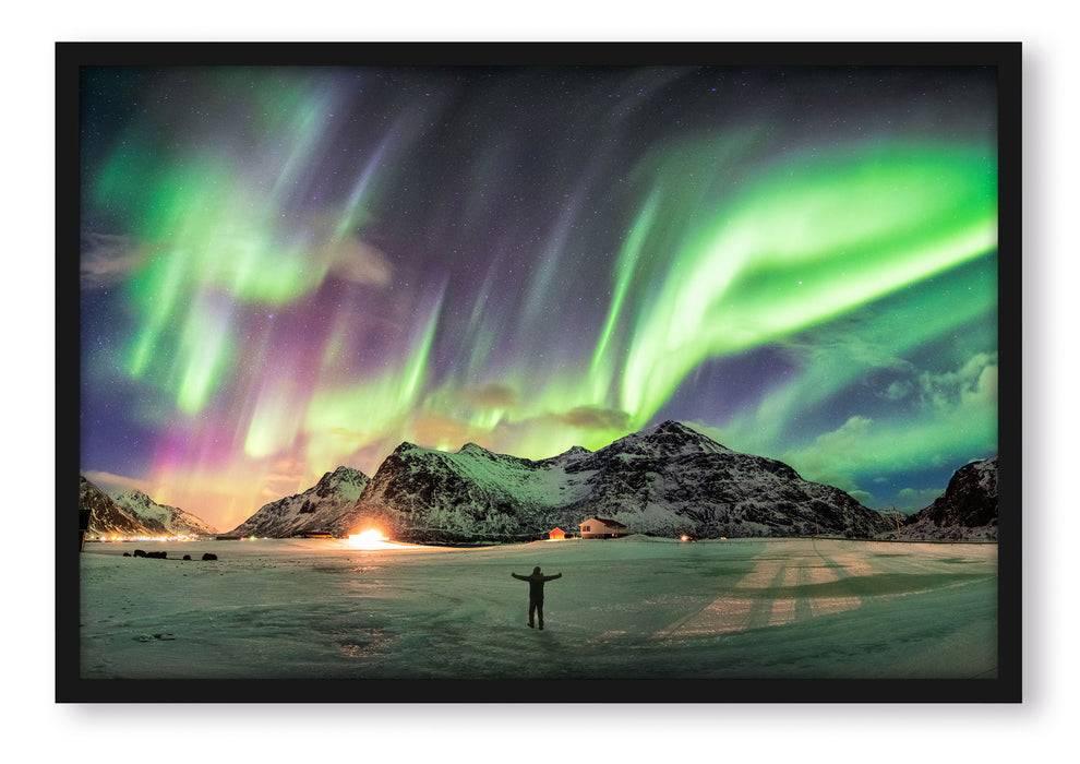 Pixxprint Polarlichter über den Bergen bei Nacht, Poster mit Bilderrahmen