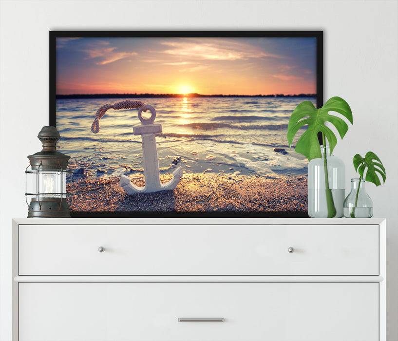 Pixxprint Anker am Ostseestrand im Sonnenuntergang, Poster mit Bilderrahmen Zeitbegrenzte Promotion