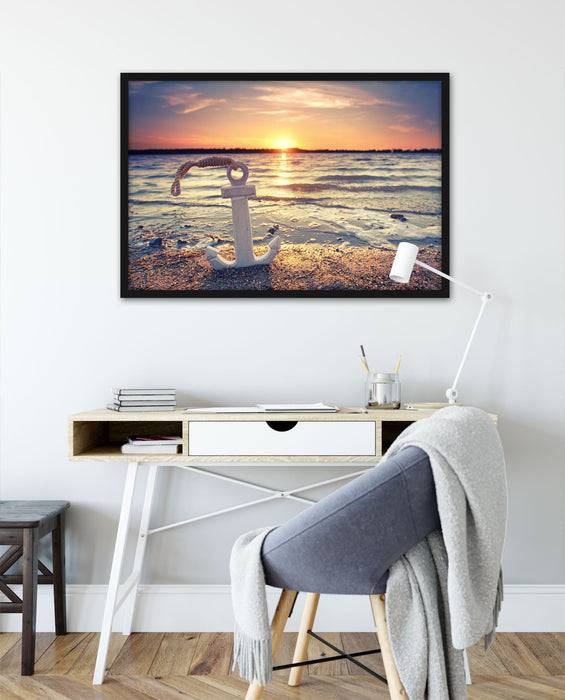 Pixxprint Anker am Ostseestrand im Sonnenuntergang, Poster mit Bilderrahmen Zeitbegrenzte Promotion