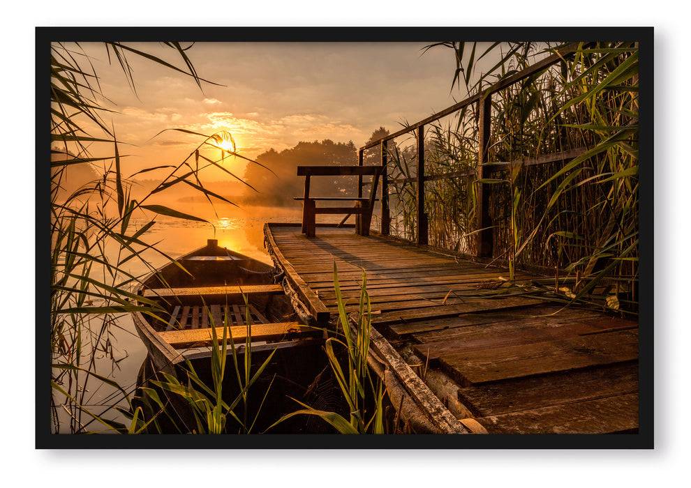 Pixxprint Bootssteg am See bei Sonnenuntergang, Poster mit Bilderrahmen