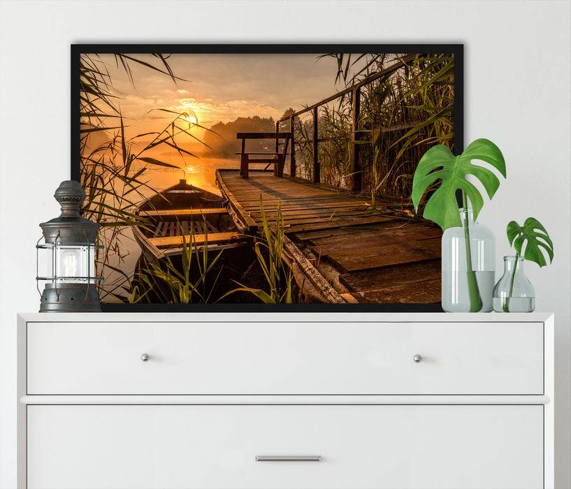 Pixxprint Bootssteg am See bei Sonnenuntergang, Poster mit Bilderrahmen Bis zu 50% Rabatt