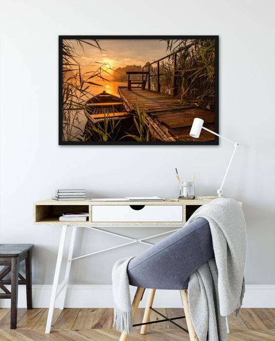 Pixxprint Bootssteg am See bei Sonnenuntergang, Poster mit Bilderrahmen Bis zu 50% Rabatt