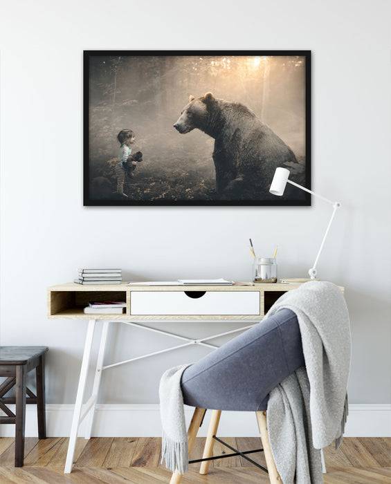 Pixxprint Mädchen mit Teddy und Bär im Wald, Poster mit Bilderrahmen Nur für heute